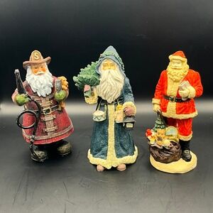 Vintage Lot of‎ Christmas Santa Figurines Set of 3 Fireman Tree Bag Resin 6"